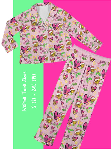 Women: Satin Sleepwear Long Sleeve + Pants Black and Gold Christmas