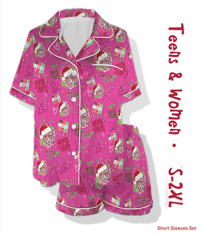 Women: Satin Sleepwear Short Sleeve + Shorts Dunham Christmas $60