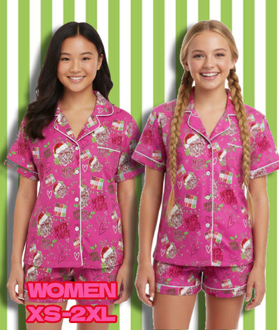 Women: Satin Sleepwear Short Sleeve + Shorts Dunham Christmas $60